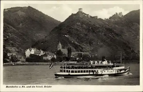 Ak Bornhofen in Rheinland Pfalz, Ort und die feindlichen Brüder, Dampfschiff auf dem Rhein