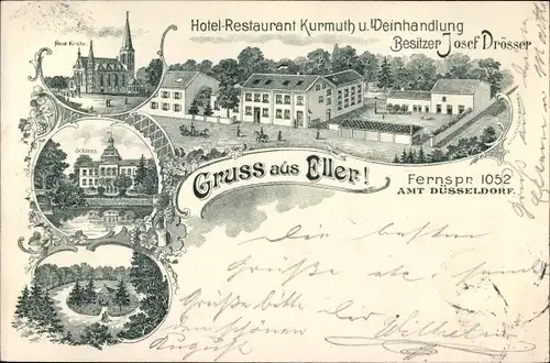 Litho Eller Düsseldorf, Hotel Restaurant Kurmuth, Weinhandlung, Schloss, Kirche