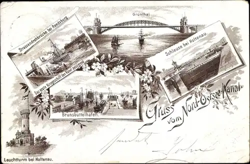 Vorläufer Litho Holtenau Kiel, Nord Ostsee Kanal, Straßendrehbrücke Rendsburg, Schleuse, Grünthal