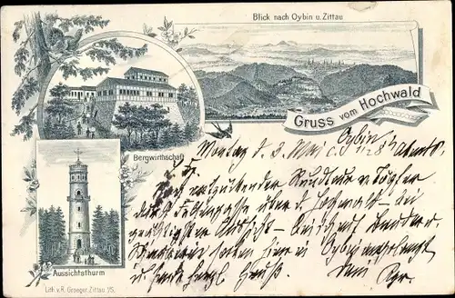 Litho Oybin in Sachsen, Hochwald, Bergwirtschaft, Aussichtsturm