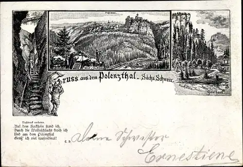 Litho Hohnstein in der Sächsischen Schweiz, Polenztal, Wolfsschlucht, Hockstein, Gasthaus