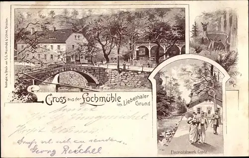 Litho Lohmen im Elbsandsteingebirge, Lochmühle, Liebethaler Grund, Elektrizitätswerk Copitz