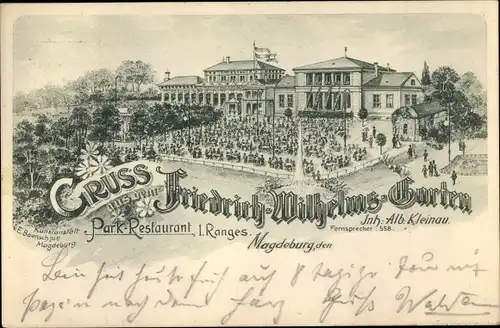 Litho Magdeburg an der Elbe, Friedrich Wilhelms Garten, Parkrestaurant