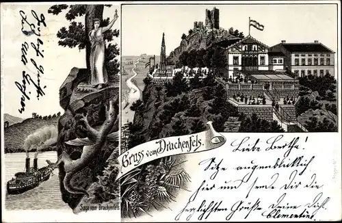 Litho Königswinter am Rhein, Drachenfels, Gastwirtschaft, Sage