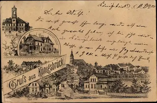 Litho Königsbrück in der Oberlausitz, Rathaus, Hotel Restaurant Zum Bahnhof, Parkvilla