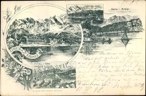 Litho Garmisch Partenkirchen in Oberbayern, Eibsee, Felixsteg, Ludwigsinsel, Frillensee