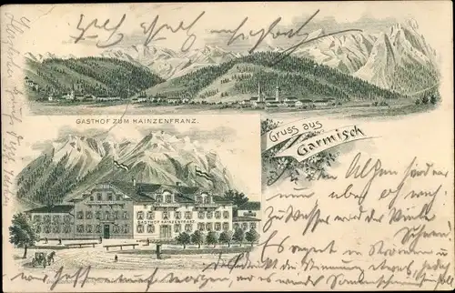 Litho Garmisch Partenkirchen in Oberbayern, Gasthof zum Kainzenfranz