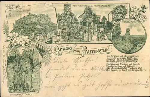 Litho Königstein Elbe Sachsen, Pfaffenstein, Restauration, Goldschmidt Höhle, Barbarine