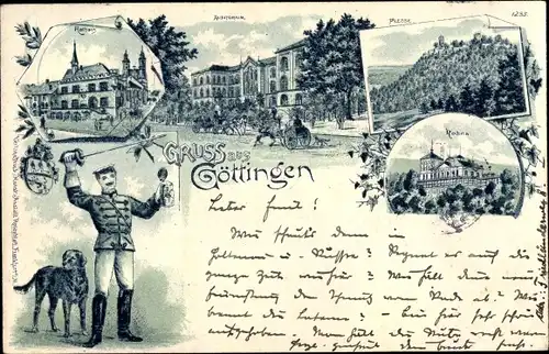 Litho Göttingen in Niedersachsen, Rathaus, Auditorium, Plesse, Rohns, Student mit Hund