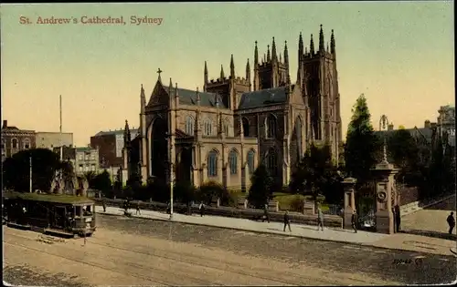 Ak Sydney Australien, St. Andrew's Cathedral, Straßenbahn
