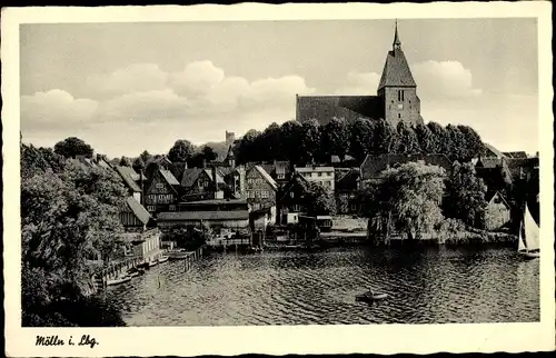 Ak Mölln im Herzogtum Lauenburg, Kirche, Teich mit Ruderboot