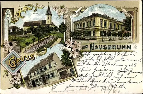 Litho Hausbrunn in Niederösterreich, Schule, Kirche, Gasthaus Ribisch