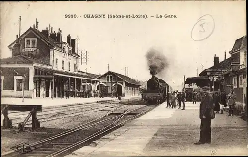 Ak Chagny Saône et Loire, La Gare, Bahnhof, Dampflok