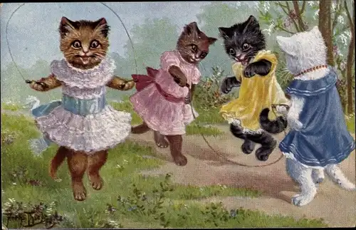 Künstler Ak Thiele, Arthur, Hauskatzen beim Seilhüpfen