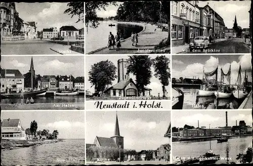 Ak Neustadt in Ostholstein, Markt, Jungfernstieg, Hafen, Glücksfeewerk, Jugendherberge, Strandhalle