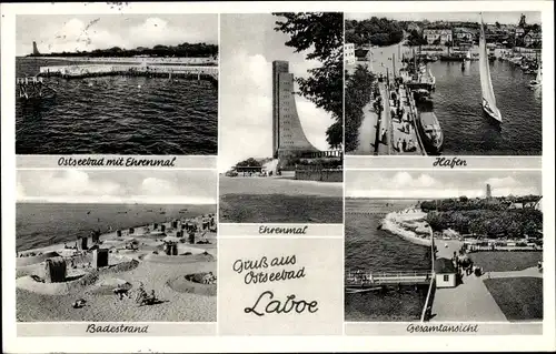 Ak Laboe Probstei Ostsee, Ehrenmal, Hafen, Badestrand