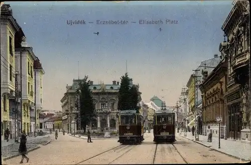 Ak Novi Sad Újvidék Neusatz Serbien, Elisabeth Platz, Straßenbahnen Linien 27 und 31
