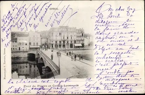 Ak Épinal Lothringen Vosges, Pont de Pierre et Crédit Lyonnais