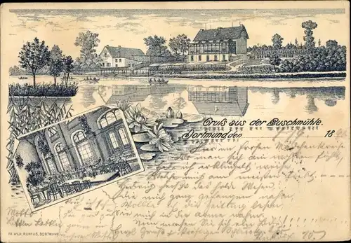 Litho Dortmund im Ruhrgebiet, Gruß aus der Buschmühle
