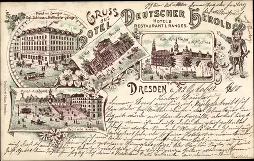 Litho Dresden, Hotel Deutscher Herold, Kunstakademie, Hoftheater, Hofkirche, Schloss, Sophienstr 2