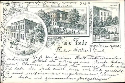 Litho Haspe Hagen Westfalen, Hotel Frede, Gartenkolonnade und Kegelbahn, Lawntennis