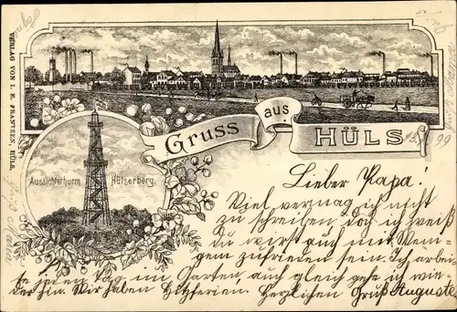 Litho Hüls Krefeld am Niederrhein, Ortschaft, Aussichtsturm Hülserberg