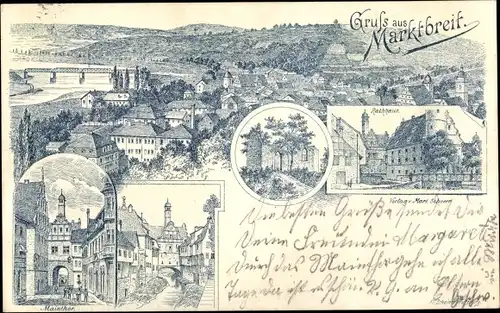 Litho Marktbreit Unterfranken, Maintor, Rathaus