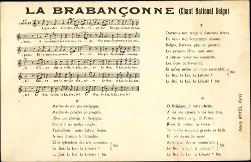 Lied Ak La Brabanconne, Chant National Belge