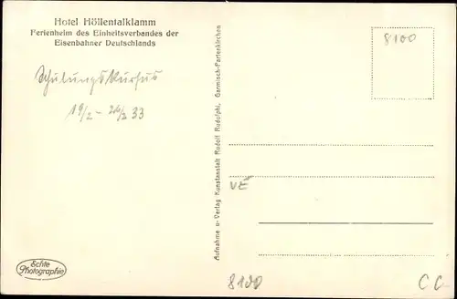 Ak Grainau im Kreis Garmisch Partenkirchen, Hotel Höllenklamm, Ferienheim der Eisenbahner