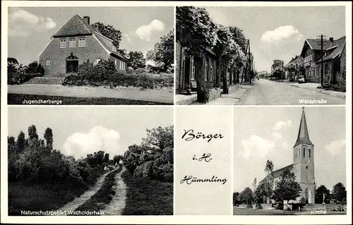 Ak Börger in Niedersachsen, Jugendherberge, Waldstraße, Naturschutzgebiet, Kirche