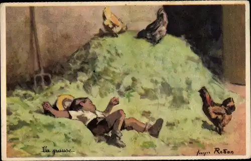 Künstler Ak La pause, Junge schläft im Stroh, Hühner
