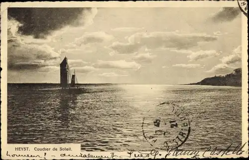 Ak Knokke Heist Westflandern, Sonnenuntergang, Segelboot