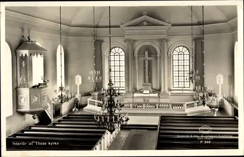Ak Tösse Schweden, Innenansicht der Kirche, Kanzel, Altar