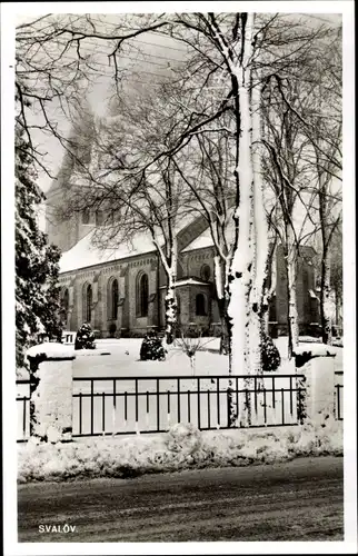 Ak Svalöv Schweden, Kirche, Winteransicht