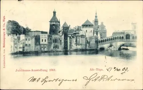 Ak Riga Lettland, Jubiläumsausstellung 1901, Brücke, Häuser