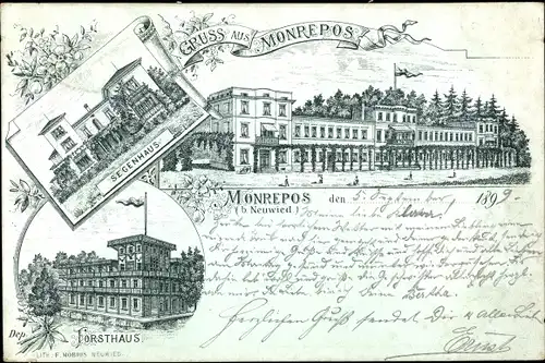 Litho Neuwied in Rheinland Pfalz, Schloss Monrepos, Segenhaus, Forsthaus, Totalansichten