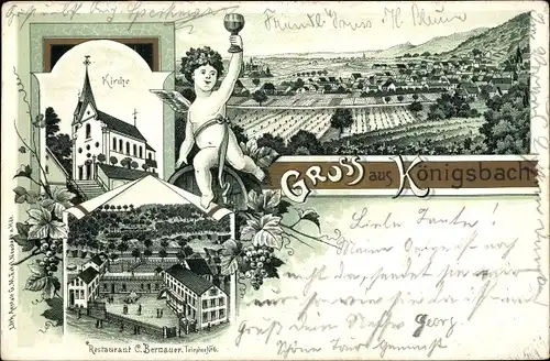 Litho Königsbach Neustadt an der Weinstraße, Gesamtansicht vom Ort, Kirche, Restaurant, Bachhus