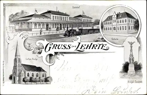 Litho Lehrte in Niedersachsen, Bahnhof, Dampflok, Schule, Luther Kirche, Kriegerdenkmal