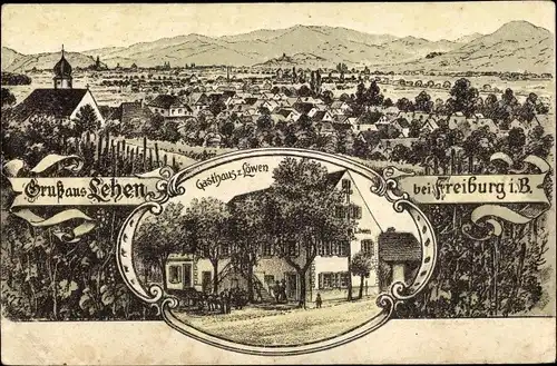 Litho Lehen Freiburg im Breisgau Baden Württemberg, Panorama vom Ort, Gasthaus zum Löwen