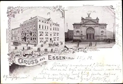 Litho Essen im Ruhrgebiet, Hotel Monopol, Stadttheater, Totalansichten, Straßenbahn, Fußgänger