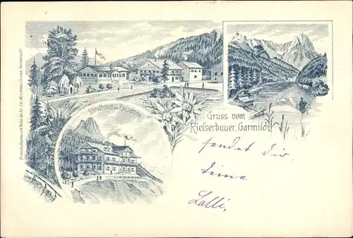 Litho Garmisch Partenkirchen in Oberbayern, Ortsansicht, Landhaus am Riefersee, Talpartie, Ruderboot