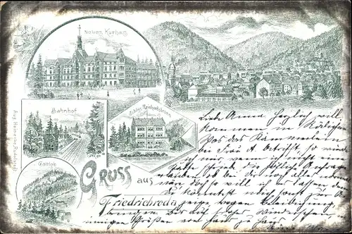 Litho Friedrichroda im Thüringer Wald, neues Kurhaus, Ortsansicht, Bahnhof, Schloss Reinhardsbrunn