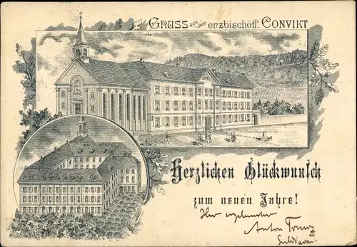 Litho Freiburg im Breisgau, erzbischöfliches Konvikt, Außenansichten, Vogelschau