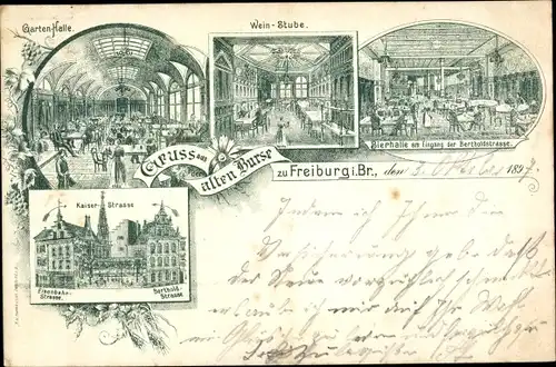 Litho Freiburg im Breisgau, alte Burse, Gartenhalle, Weinstube, Bierhalle, Kaiserstraße
