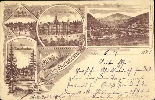 Litho Friedrichroda im Thüringer Wald, Gasthof a. d. Heuberg, neues Kurhaus, Ortsansicht, Tanzbuche