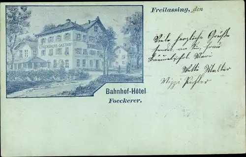 Litho Freilassing in Oberbayern, Bahnhof Hôtel Foeckerer, Totalansicht, Weg