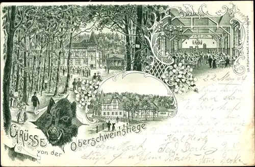 Litho Frankfurt am Main, Oberschweinstiege, Außen- u. Innenansichten, Wildschwein