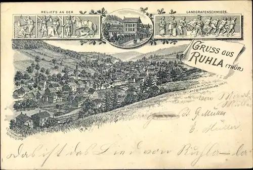 Litho Ruhla in Westthüringen, Talpanorama vom Ort, Reliefs an der Landgrafenschmiede