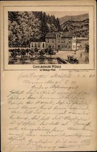 Vorläufer Litho Gehlberg in Thüringen, Mühle, Außenansicht, Pferdekutsche, Wald