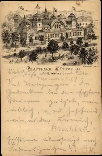 Vorläufer Litho Göttingen in Niedersachsen, Stadtpark, Gebäude, Totalansicht, Vogelschau, Droschke